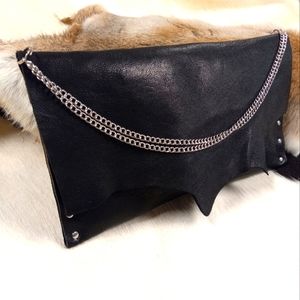 Black Leather Clutch Bag w/ Chain Detail Handcrafted by J.Monique